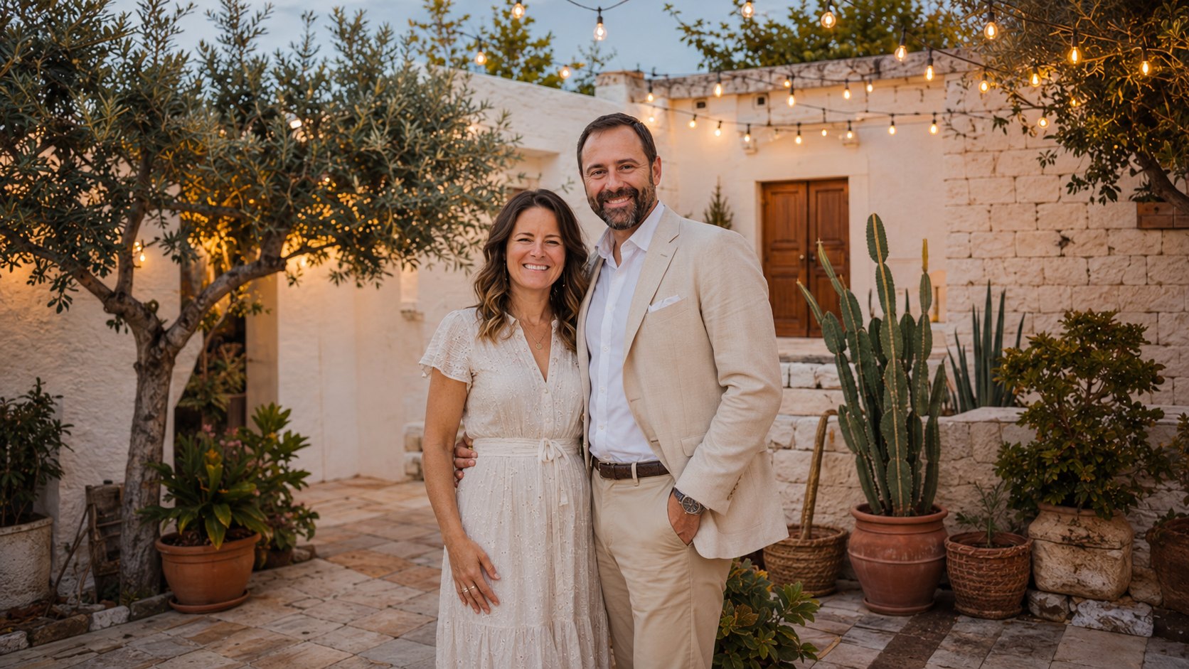 Pamela and Garry in a Puglia courtyard at dusk